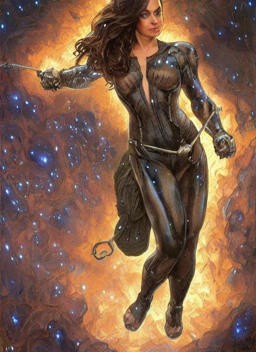 Image similar to epic muscled Mila Kunis as Catwoman walking out of a deep dark cave, puffy warm wooly clothing,stormy snowy winter, blue fireflies, nebula background, torches, fantasy, intricate, elegant, highly detailed, tasteful art by artgerm and donato giancola and alphonse mucha, WLOP