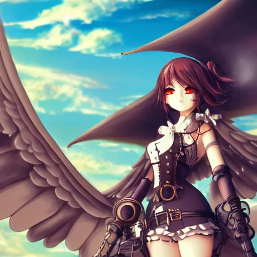 Image similar to a smug anime girl with steampunk wings and steampunk weapons, steampunk armor, extremely detailed, cinematic lighting, anime, sunny, sky, clouds,