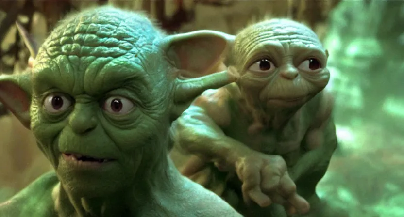 Image similar to a mix between Hulk and Yoda and Dobby and Gollum fighting robots, center frame medium shot, shot on technicolor cinemascope 35mm anamorphic lense, flare