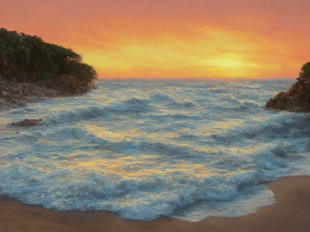 Image similar to a beautiful masterpiece painting of a coastal beach seascape in summer at sunset by juan gimenez, award winning, trending on artstation,