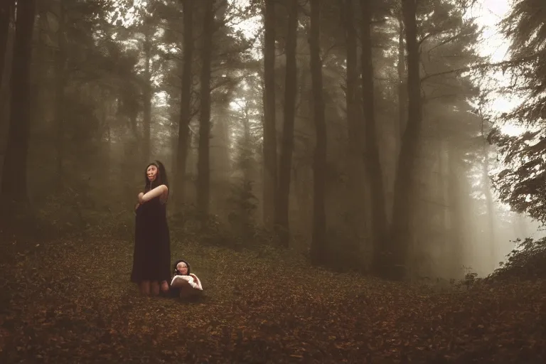 Image similar to a cinematic photo of a young woman with dark hair holds a baby in a dark, foggy forest, closeup, masterpiece