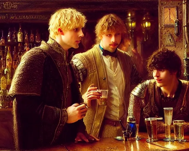 Prompt: arthur pendragon and attractive merlin go to a pub together to have some drinks. highly detailed painting by gaston bussiere, greg rutkowski, j. c. leyendecker 8 k