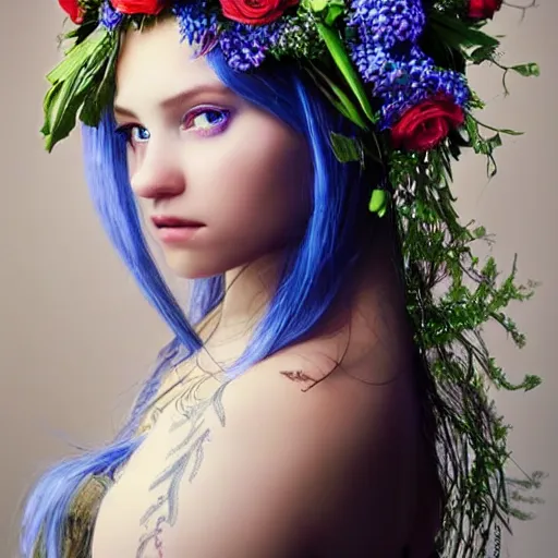 Image similar to incredibly beautiful portrait of A girl who looks like a priestess of love. With a gorgeous wreath of flowers on her head and blue eyes. White hair. Tattoo