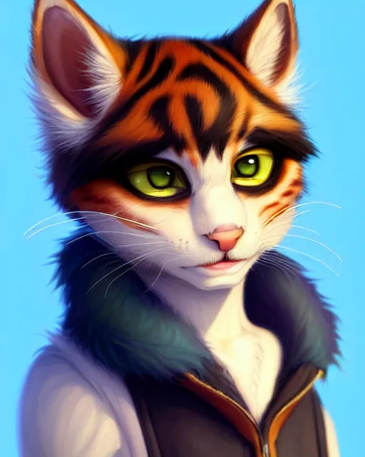 Image similar to character concept art of a young male anthropomorphic furry cat | | cute - fine - face, pretty face, key visual, realistic shaded perfect face, fine details by stanley artgerm lau, wlop, rossdraws, james jean, andrei riabovitchev, marc simonetti, and sakimichan, trending on artstation