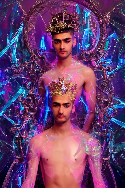 Image similar to full-body rococo and cyberpunk delicate neon crystalline sculpture of (((muscular slender prince Zayn Malik))) as an iridescent humanoid deity wearing a thin see-through ((plastic hooded cloak)) sim roupa (holding a human skull), reclining con (las piernas abiertas), glowing pink face, crown of (((white lasers))), large diamonds, swirling black silk fabric. futuristic elements. oozing glowing liquid, full-length view. space robots. intricate artwork by caravaggio. Trending on artstation, octane render, cinematic lighting from the right, hyper realism, octane render, 8k, depth of field, 3D