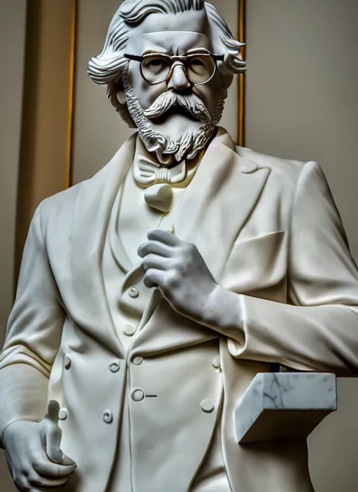 Image similar to colonel sanders as marble statue by michaelangelo, marble texture, high lights, 4 k, high detailed photography, 5 0 mm lens, depth of field, cinematic