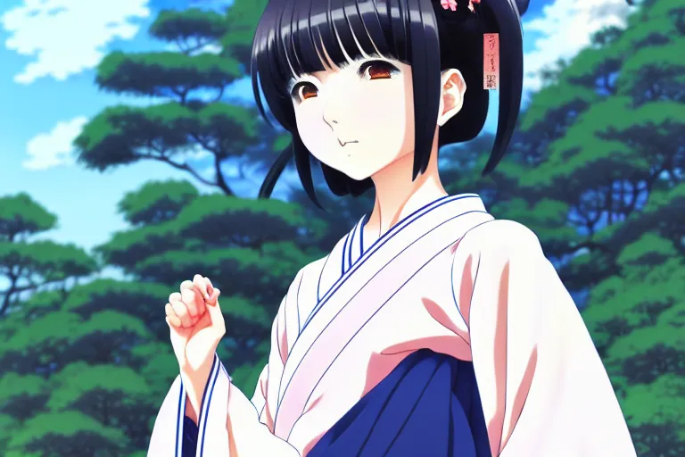 Image similar to anime visual, full body portrait of a japanese woman in traditional clothes outside a temple sweeping, cute face by ilya kuvshinov, yoshinari yoh, makoto shinkai, katsura masakazu, dynamic perspective pose, detailed facial features, kyoani, rounded eyes, crisp and sharp, cel shad, anime poster, ambient light