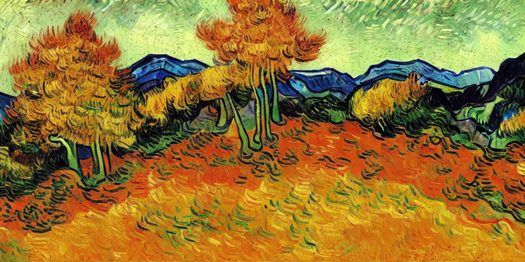 Prompt: landscape artwork of Franconia ridge, autumnal leaves blazing, oil on canvas by Vincent van Gogh