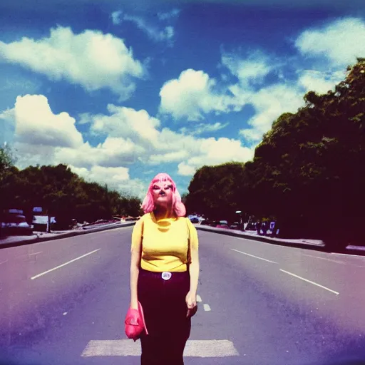 Image similar to colorful instant photograph of a woman in the middle of the street, polaroid, light leak, raw, nostalgic, daylight, blue sky, clouds