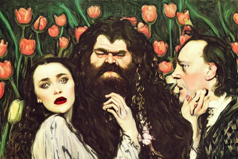 Image similar to hagrid the viking and morticia addams kiss in a field of tulips, masterpiece, highly detailed, oil on canvas, art by walter sickert, john singer sargent, and william open