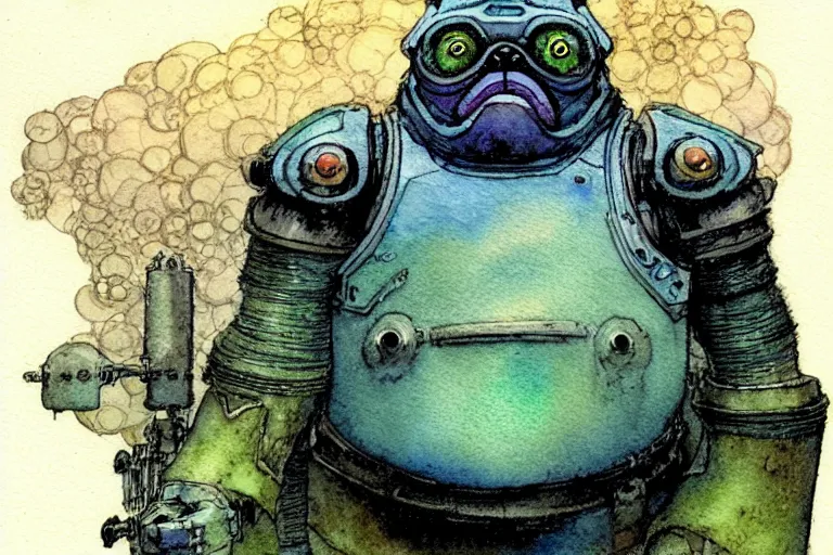 Image similar to a simple and atmospheric watercolour fantasy character concept art portrait of a mechanized android pug as a druidic warrior wizard looking at the camera with an intelligent gaze, very muted colors, by rebecca guay, michael kaluta, charles vess and jean moebius giraud