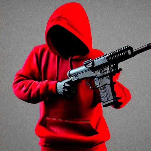 Image similar to a skeleton in a red hoodie with a rifle ultrarealism