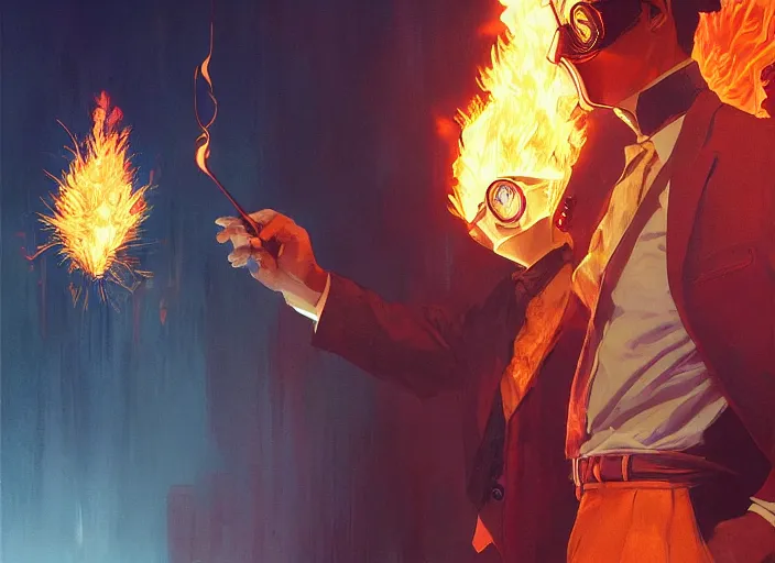 Image similar to a man wearing a suit, wearing a mask made of fire, emitting smoke and sparks, fantasy, cinematic, fine details by realistic shaded lighting poster by ilya kuvshinov katsuhiro otomo, magali villeneuve, artgerm, jeremy lipkin and michael garmash and rob rey