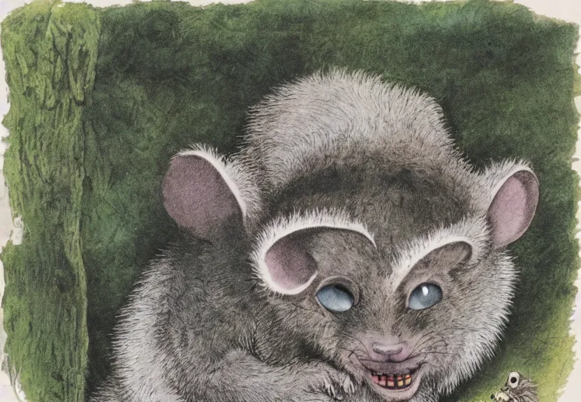 Image similar to possum monster in the wild, colorized, high detail, by Maurice Sendak