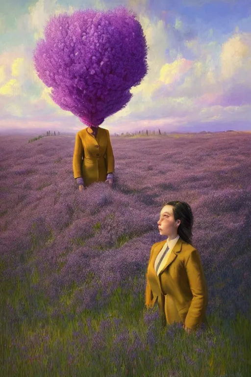Prompt: portrait, giant lilac flower as head, black woman in suit in heather field, surreal photography, golden hour, colorful clouds, impressionist painting, digital painting, artstation, simon stalenhag