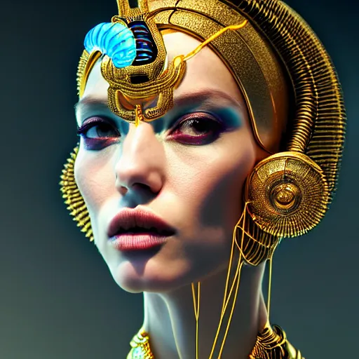 Image similar to portrait of an absurdly beautiful, graceful, sophisticated, fashionable egyptian cyberpunk mechanoid gravure idol, hyperdetailed illustration by irakli nadar, matt wisniewski style, intricate linework, fashion photography, porcelain skin, jellyfish headdress, golden cable necklace, unreal engine 5 highly rendered, radiant light, detailed and intricate environment