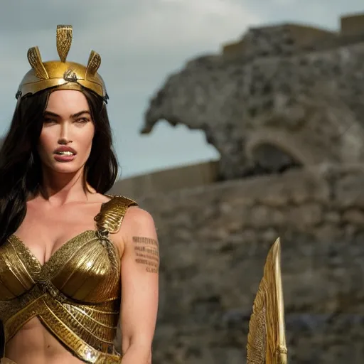 Image similar to megan fox as the greek goddess athena in battle, scene from live action movie