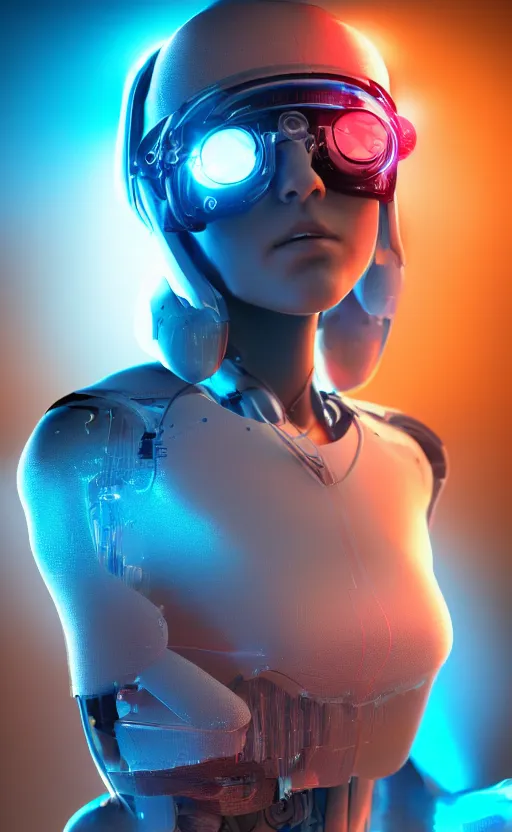 Image similar to a beautiful!! photo of a bionic!! teenager!!, cyberpunk, augmented vision, electronic components, volumetric light, photography, extremely detailed, photorealistic!, stunning, digital art trending on artstation, orange, cyan, washed out colors