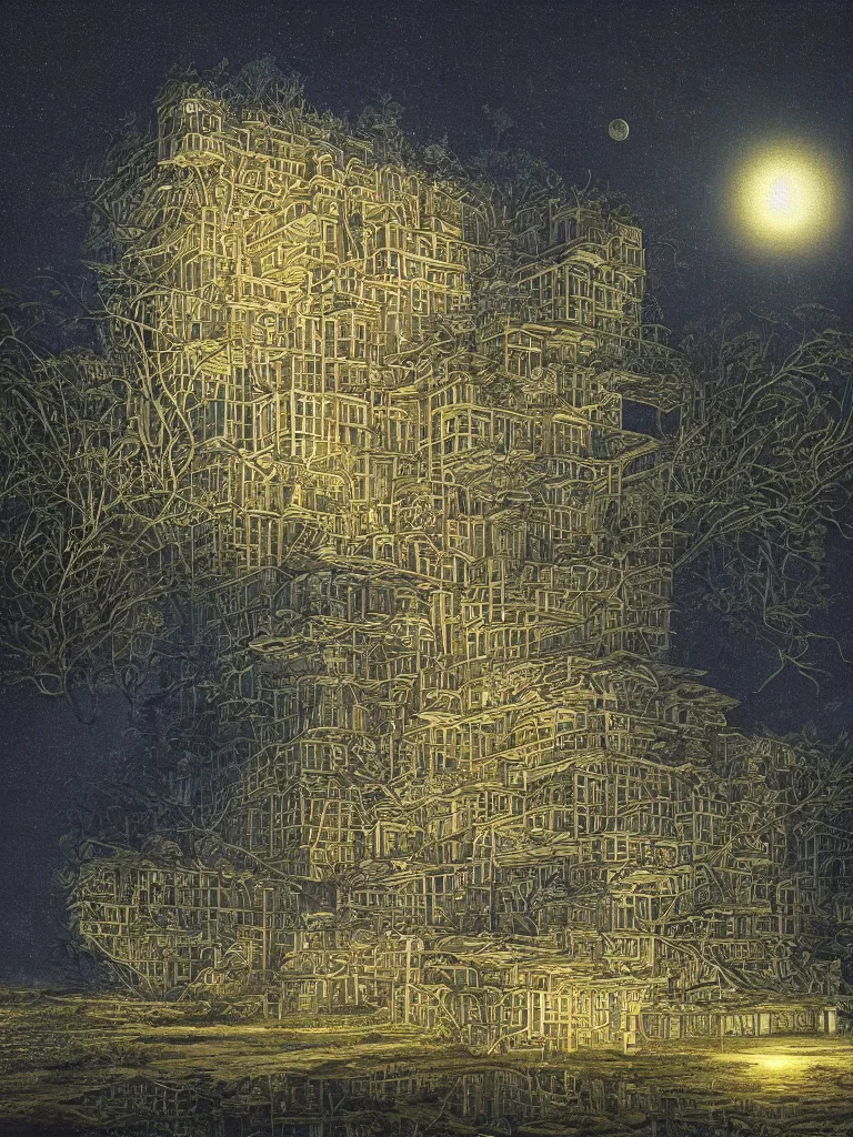 Prompt: the only building hovering over a deserted oasis on a moonlit night in the style of peter merzbacher and jacek yerka, vague picturesque illumination of three - dimensional water bodies