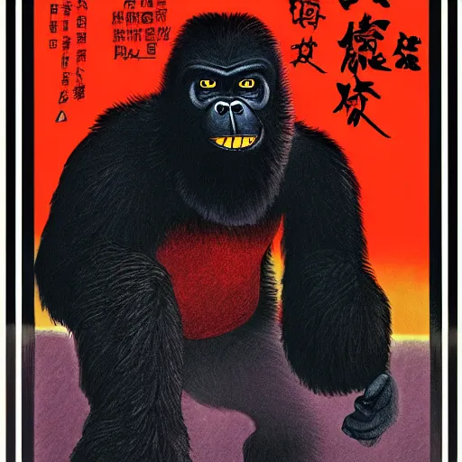 Prompt: glossy old advertising poster, king kong walking through crowded hong kong street, horror, drawn comic by junji ito, pastels, gradient