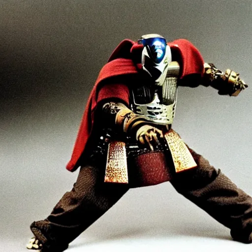 Image similar to cinematic film still MF Doom starring as a Samurai holding fire, Japanese CGI, VFX, 2003, 40mm lens, shallow depth of field,film photography