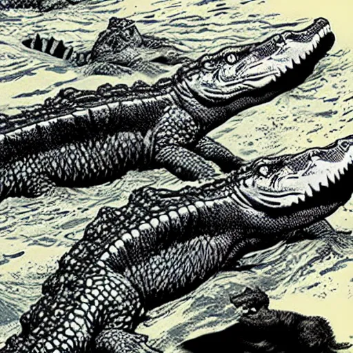 Prompt: battalion of tabby cats swimming downstream to do battle with a giant cayman crocodile silkscreened poster lithograph “ bernie wrightson ”