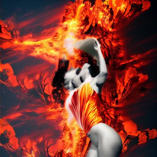 Prompt: a woman on fire, city, giant, award winning, photo manipulation, collage