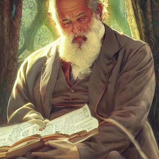 Image similar to Karl Marx pondering his orb, highly detailed, digital painting, artstation, concept art, smooth, sharp focus, illustration, art by todd lockwood and magalie villeneuve and alan lee and artgerm and greg rutkowski and alphonse mucha