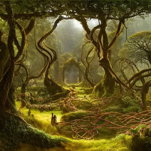 Image similar to a beautiful and highly detailed matte painting of an elven temple in a magical fantasy garden in a lush forest in the mystical mountains, celtic knots, tangled trees, knotted vines, intricate details, epic scale, insanely complex, 8 k, sharp focus, hyperrealism, very realistic, by caspar friedrich, albert bierstadt, james gurney, brian froud,