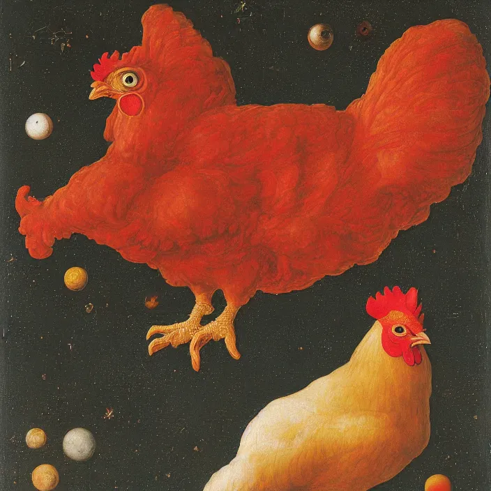 Prompt: a chicken in an infinite hall in space, chicken nebula, infinite chicken, by jan van eyck