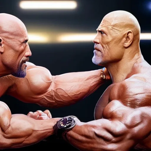Prompt: Dwayne Johnson and Thanos in an arm wrestling match, Realistic, Hyperrealistic, 4k Resolution, 8k Resolution, Detailed, Very Detailed, Highly Detailed, Dramatic Lighting, Studio Quality Lighting, Dramatic Angle