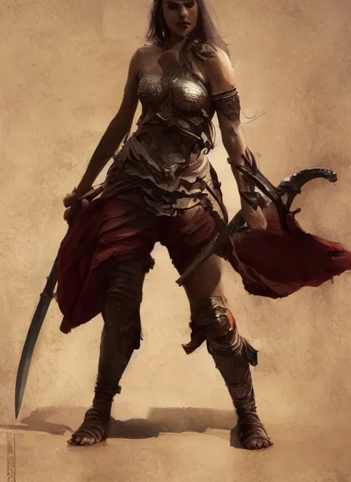 Prompt: hyper realistic photography, warrior girl with sword in her hand, full body, rule of thirds, human proportion, good anatomy, beautiful face, conceptart, saturated colors, cinematic, vallejo, frazetta, greg rutkowski