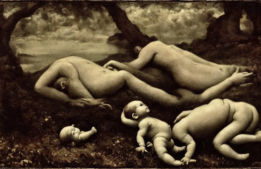 Image similar to implicit link is made between a jocund baby faun first contact sense of humanity detail of a past world intact flawless ambrotype from 4 k criterion collection remastered cinematography gory horror film, ominous lighting, evil theme wow photo realistic postprocessing along the seashore photograph by robert adams gustave courbet and french realism