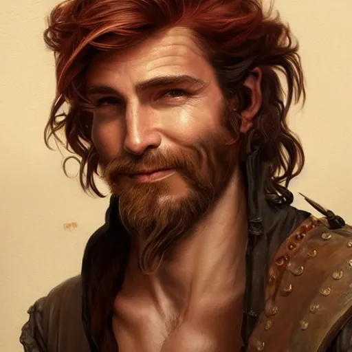 Image similar to portrait of a young ruggedly handsome but cantankerous pirate, male, masculine, upper body, red hair, long hair, d & d, fantasy, giddy smirk, intricate, elegant, highly detailed, digital painting, artstation, concept art, matte, sharp focus, illustration, art by artgerm and greg rutkowski and alphonse mucha