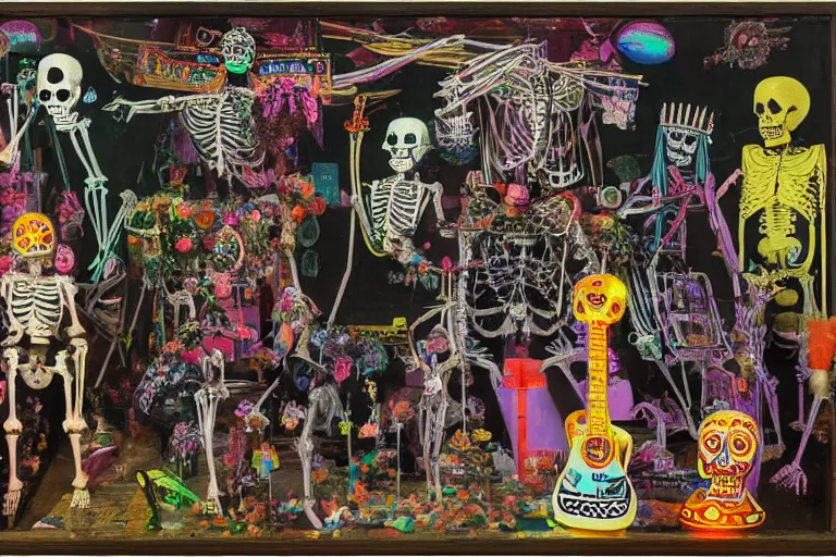 Image similar to scene from amusement arcade, day of the dead, cyber skeleton, queen in black silk in the center, neon painting by otto dix