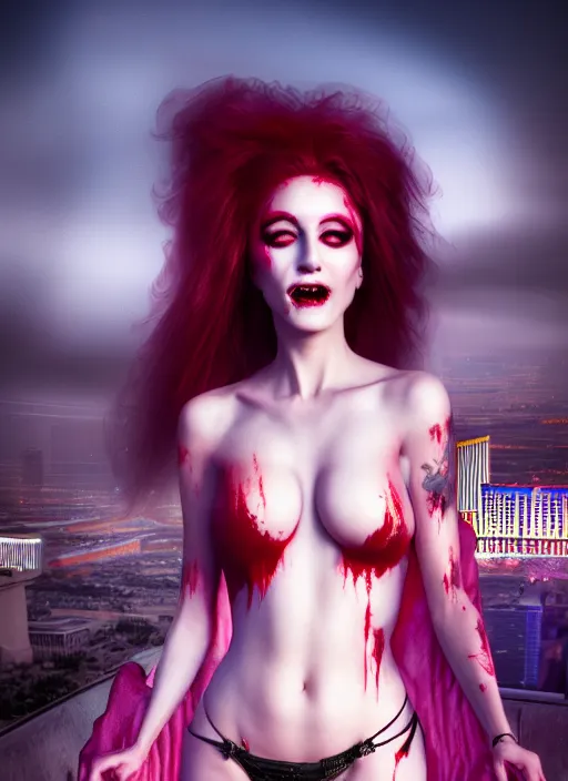 Prompt: realistic matte painting, full length portrait, the vampire duchess of blood owns the las vegas strip, night, fangs, highly detailed, CGsociety, concept art, HDR, hyper realistic, volumetric lighting, subsurface scattering, unreal,