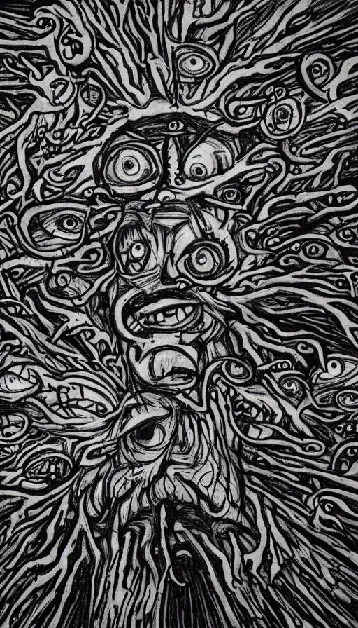 Image similar to a storm vortex made of many demonic eyes and teeth over a forest, by schizophrenia patient