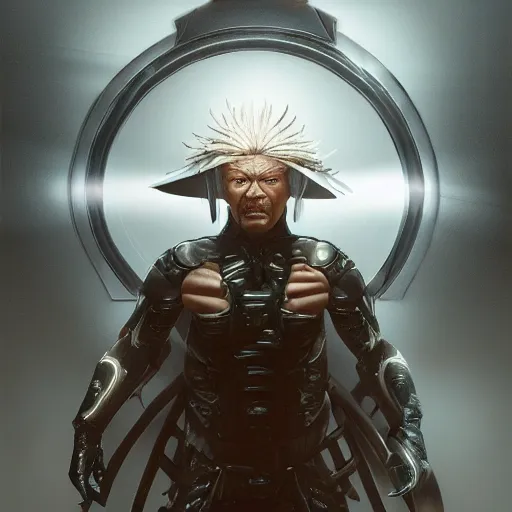 Prompt: hyper realistic, highly detailed hybrid of raiden from mortal kombat, and raiden from metal gear solid wearing an asian conical hat. portrait, stephen bliss, unreal engine, greg rutkowski, beeple global illumination, translucent, sub - surface scattering, detailed and intricate environment