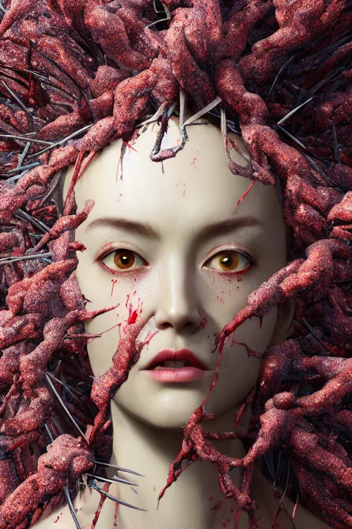 Image similar to realistic 8k stunning intricate Evangelion Siren Queen character design. Kintsugi. by Daytoner, Greg Tocchini, Yoshitaka Amano. Intricate Empress Crown made of sentient mycelium jewels and gems. subtle misty xparticles. Scattered Cherry blossoms Hyperrealism. Subsurface scattering. Directed by Denis Villeneuve. Octane Render