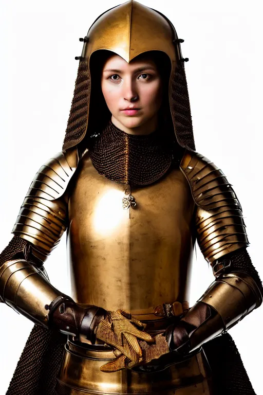 Image similar to female medieval knight, brown hair, designed by gucci, gold and luxury materials, symmetrical, cinematic, elegant, professional studio light, real dlsr photography, sharp focus, 4 k, ultra hd, sense of awe, high medieval fashion