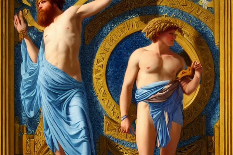 Prompt: beautiful oil painting of the god Zeus transforming into an animal, toga, symmetrical face, magical, blue mist, Greek myth, by John William Godward and Anna Dittman, masterpiece