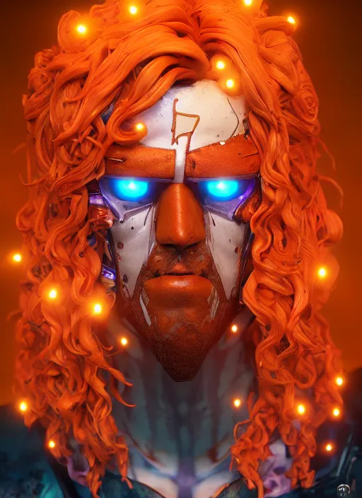 Prompt: glowwave portrait of curly orange hair man from borderlands 3, au naturel, hyper detailed, digital art, trending in artstation, cinematic lighting, studio quality, smooth render, unreal engine 5 rendered, octane rendered, art style by klimt and nixeu and ian sprigger and wlop and krenz cushart.