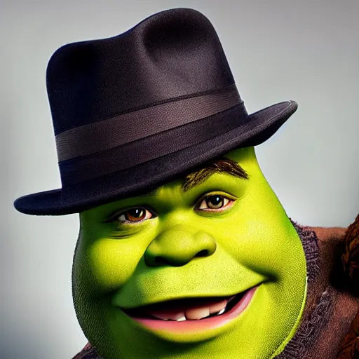 Prompt: shrek if he had a millennial beard and a fedora, headshot photography