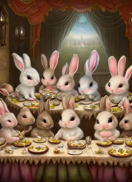 Prompt: highly detailed group closeup portrait of cute bunnies having a birthday party banquet in a castle, unreal engine, nicoletta ceccoli, mark ryden, earl norem, lostfish, global illumination, god rays, detailed and intricate environment