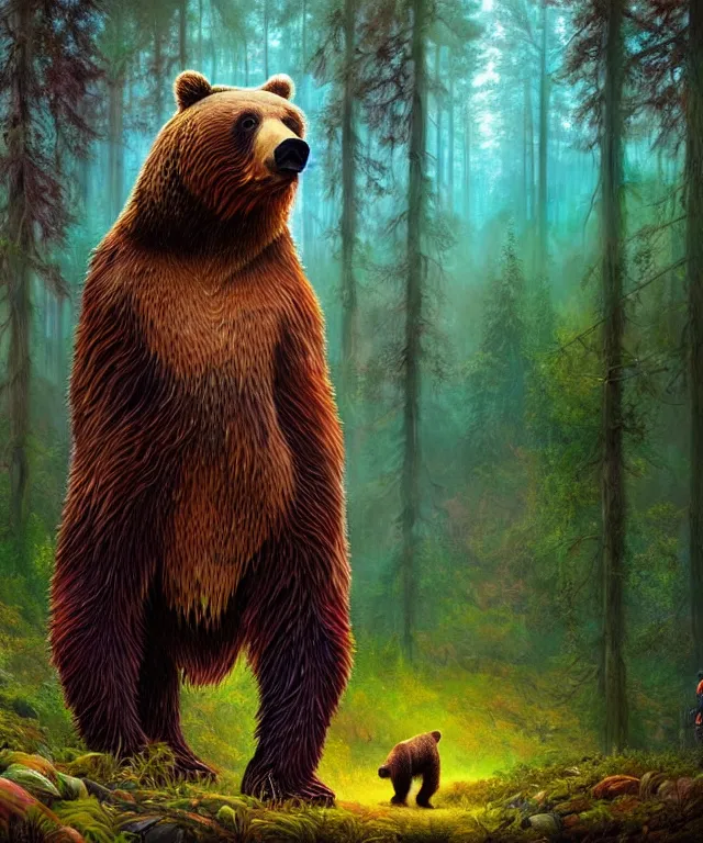 Image similar to a realistic brown bear, walking through a psychedelic forest, wide angle landscape shot, pixar style by tristan eaton, artgerm and tom bagshaw