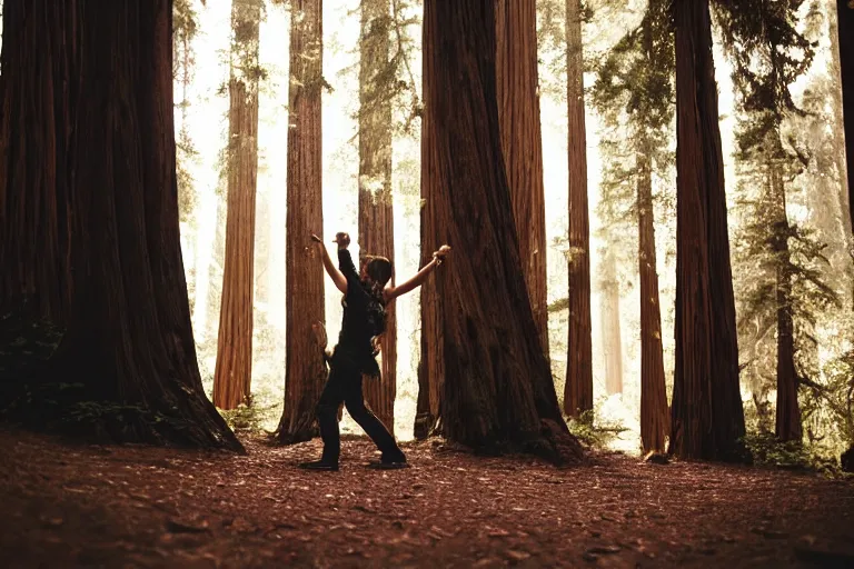 Prompt: cinematography closeup portrait of couple dancing in the redwood forest, thin flowing fabric, natural light by Emmanuel Lubezki