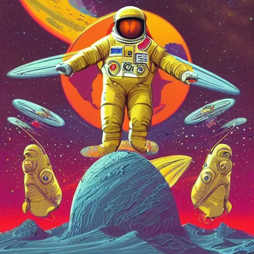 Prompt: corgi cosmonaut, space art, maximalist, futuristic, beautiful, stunning, extremely detailed illustration by kilian eng, moebius, artgerm, trending on artstation, masterpiece, award - winning, 8 k