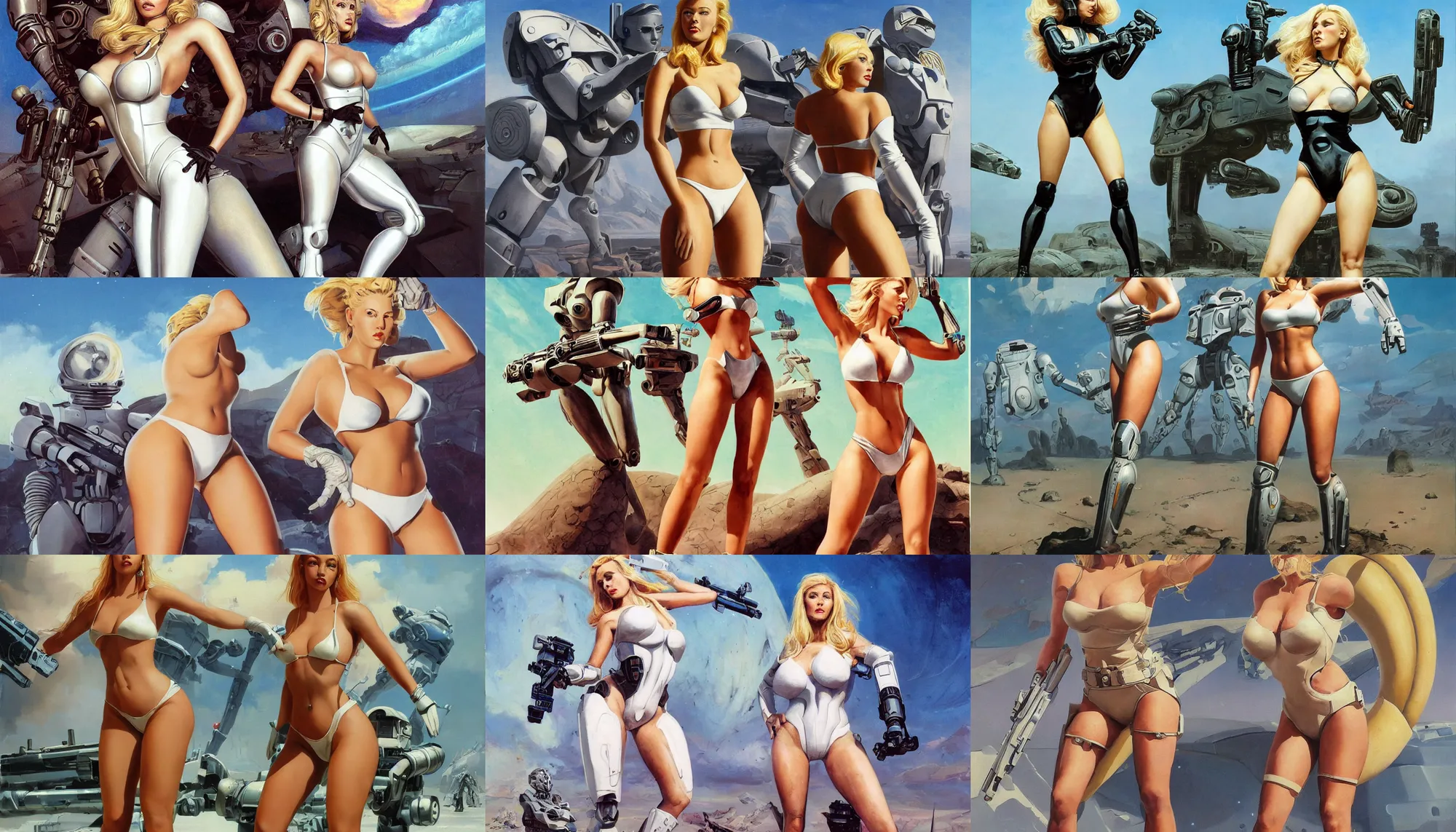 Prompt: A mixed media portrait painting of a beautiful blonde woman on an alien planet, very curvy, aesthetic! high-waisted white-bikini-armor and boots, cybernetics, starship-troopers-rifle, aesthetic symmetrical face and eyes, model, wet, pacific-rim-mech in background, by Frank Frazetta, Boris Vallejo, Beeple, Greg Rutkowski, Christian MacNevin, eighties-pinup style, epic fantasy character art, high fantasy, CGsociety, exquisite detail, post-processing, masterpiece, cinematic