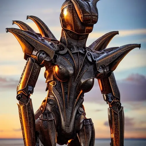 Image similar to chest up shot, realistic detailed stunning beautiful armored anthropomorphic humanoid robot female dragon, looking to the side with an elegant pose of hand on hip, smooth and streamlined armor and design made of steel, sharp claws and sharp teeth, high quality head, Slick LEDs, standing on two legs, on the beach during sunset, high quality, cinematic art, sci fi, sunset lighting, 3D render, 8k, artstation, deviantart, furaffinity