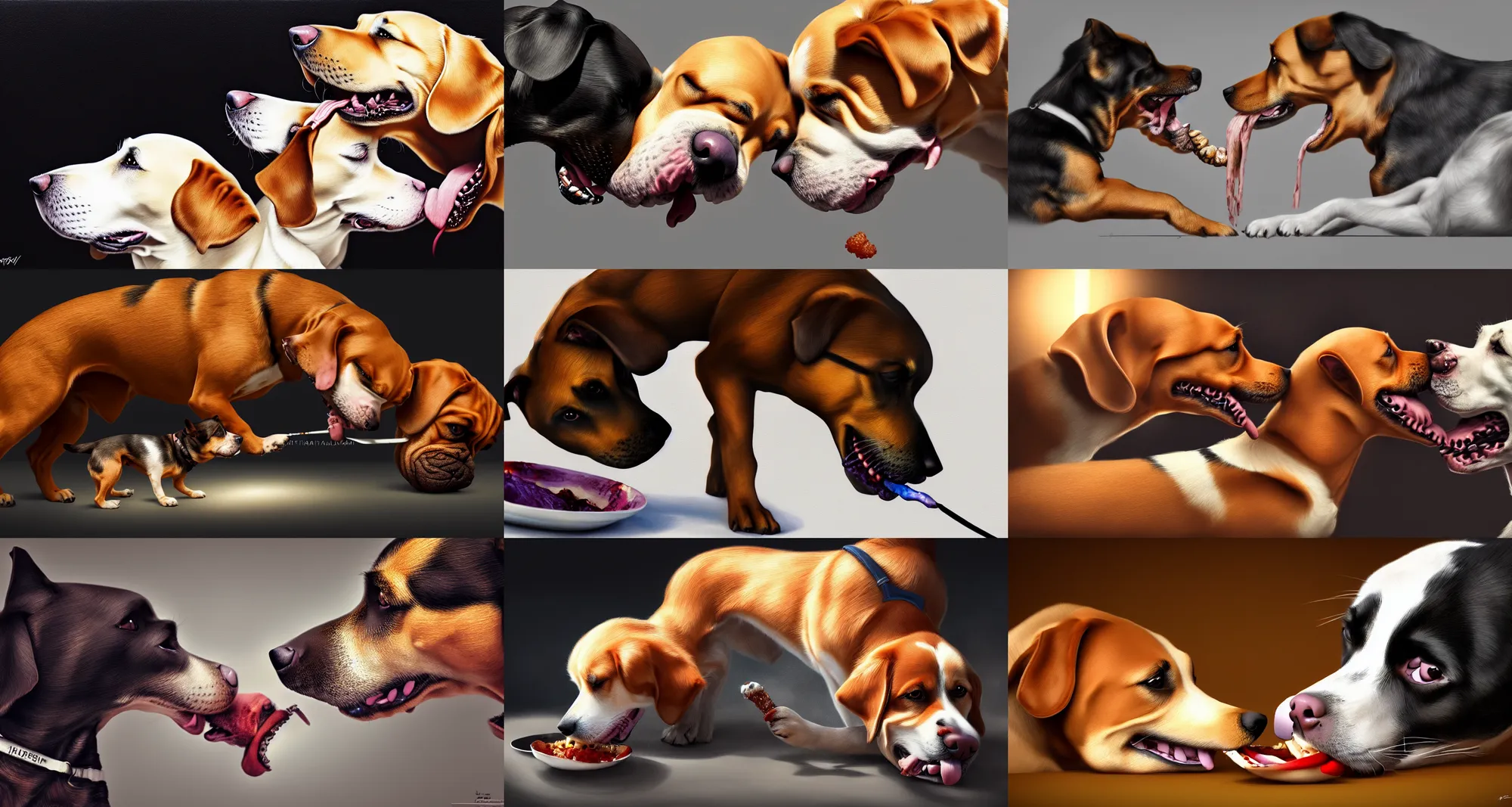 Prompt: a digital painting of a dog eating another dog, hyperealism, award winning, stunning, trending on art station, highly detailed, cinematic lighting, 8 k, hd